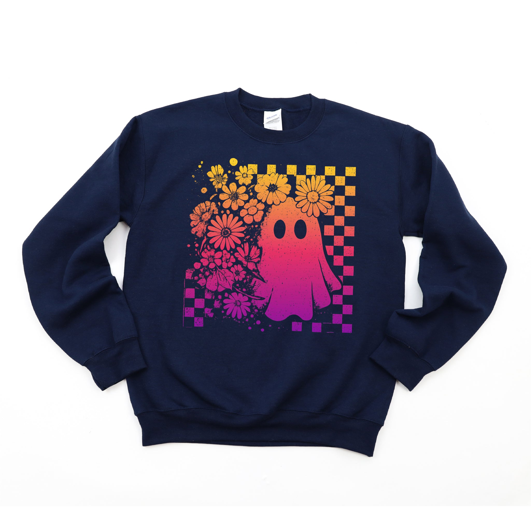 Floral Checkered Ombre Orange and Purple Neon Ghost Halloween DTF Transfer