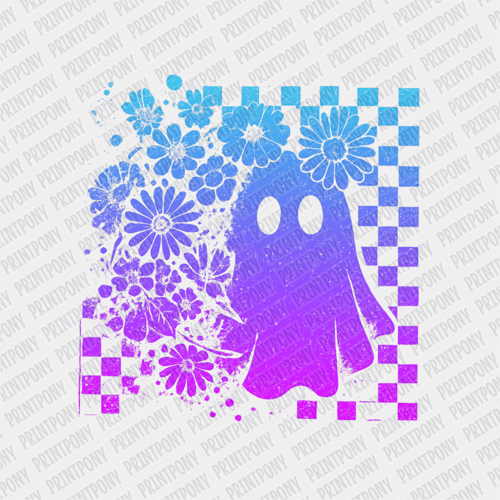 Floral Checkered Ombre Blue and Purple Neon Ghost Halloween DTF Transfer - PrintPony