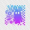 Floral Checkered Ombre Blue and Purple Neon Ghost Halloween DTF Transfer - PrintPony