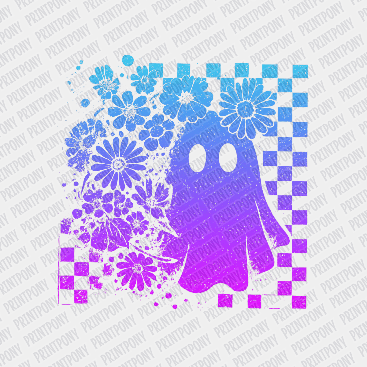 Floral Checkered Ombre Blue and Purple Neon Ghost Halloween DTF Transfer - PrintPony