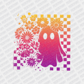 Floral Checkered Ombre Orange and Purple Neon Ghost Halloween DTF Transfer - PrintPony