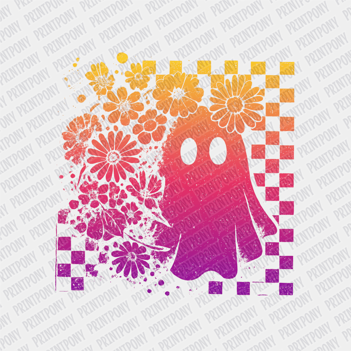 Floral Checkered Ombre Orange and Purple Neon Ghost Halloween DTF Transfer - PrintPony