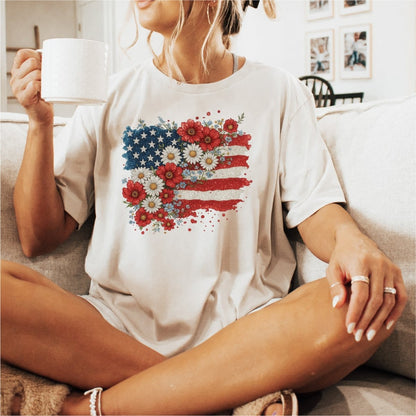 Floral Faux Glitter American Flag - Patriotic DTF transfer - PrintPony