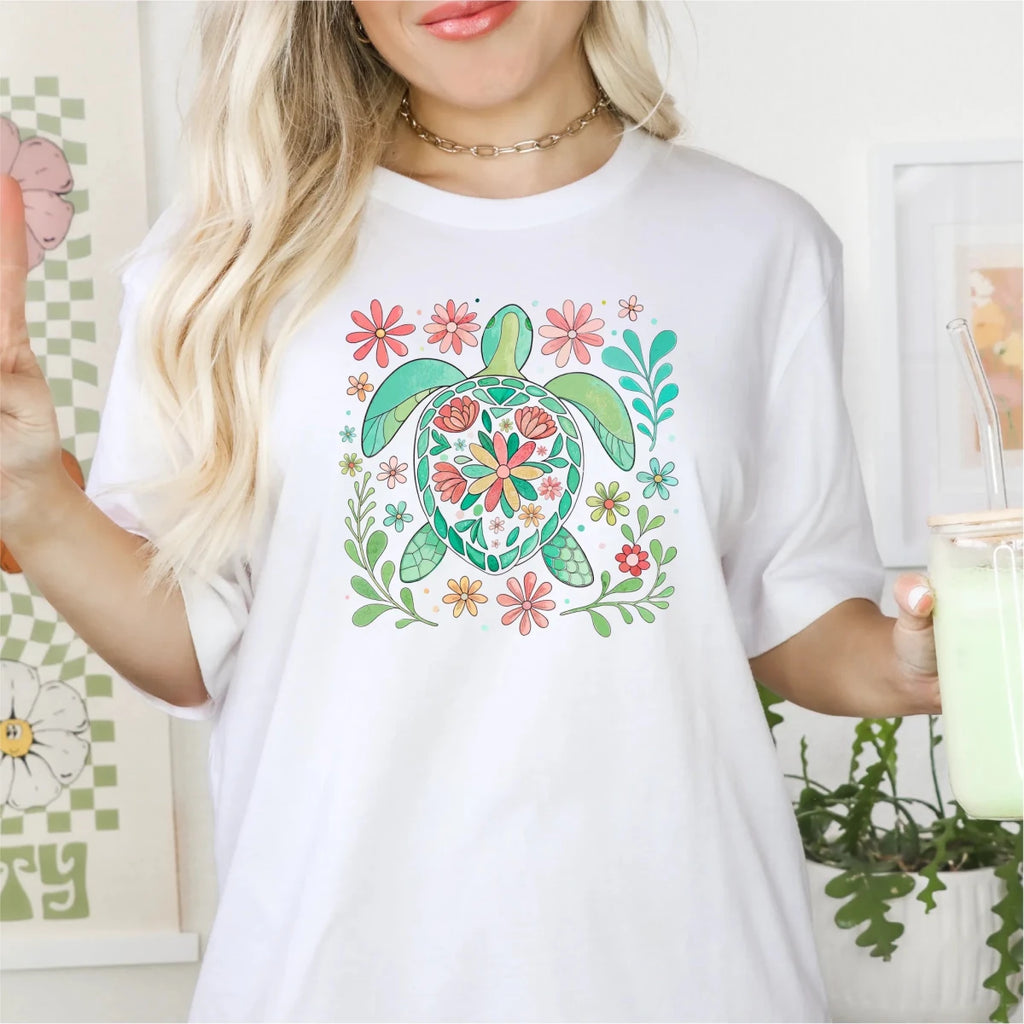 Floral Green Boho Turtle DTF Transfer - PrintPony