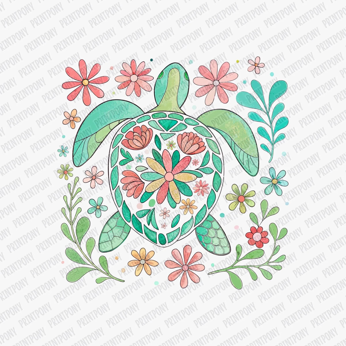 Floral Green Boho Turtle DTF Transfer - PrintPony