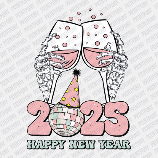 Happy New Year 2025 Disco Ball and Skeleton Hands Toasting - Print Pony™