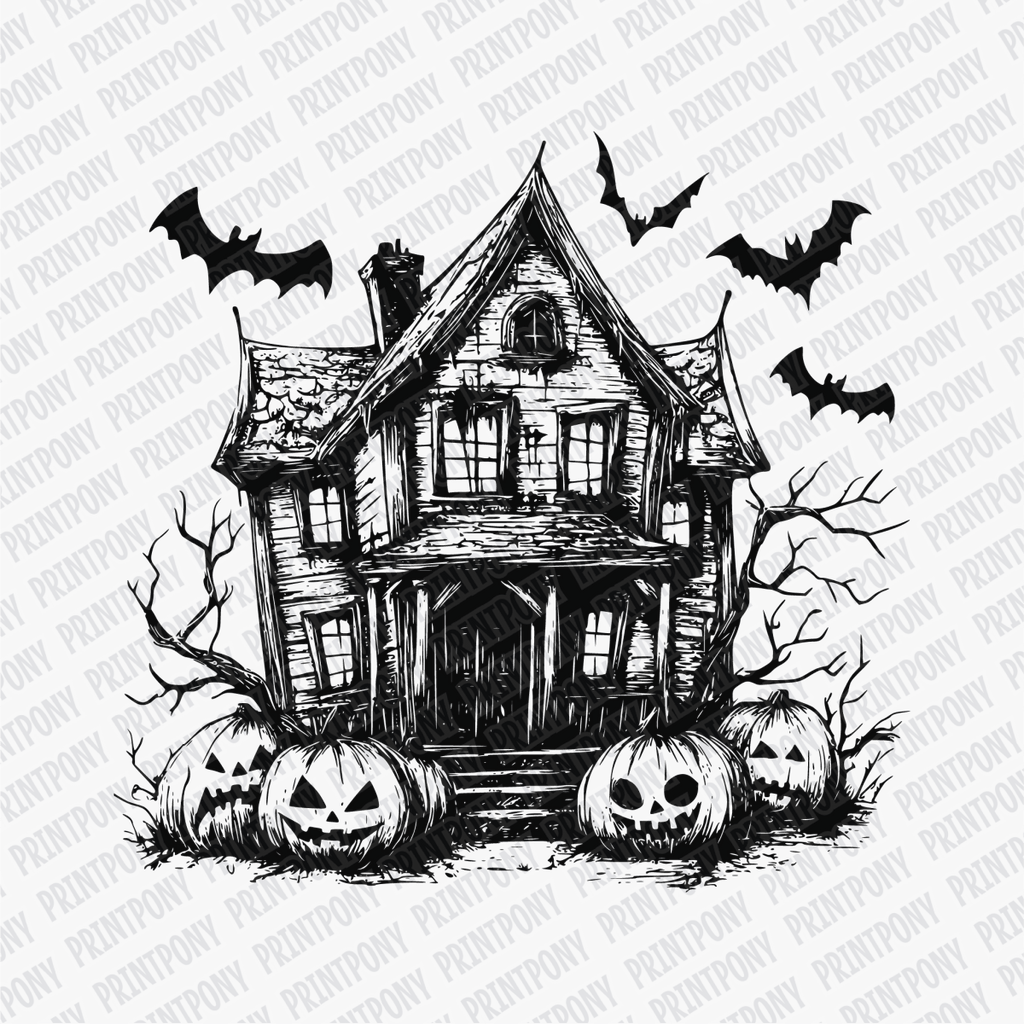 Haunted House with Bats and Pumpkins DTF Transfer - PrintPony