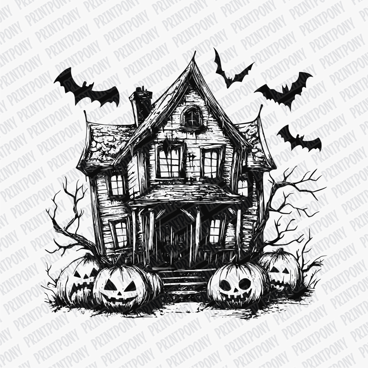 Haunted House with Bats and Pumpkins DTF Transfer - PrintPony