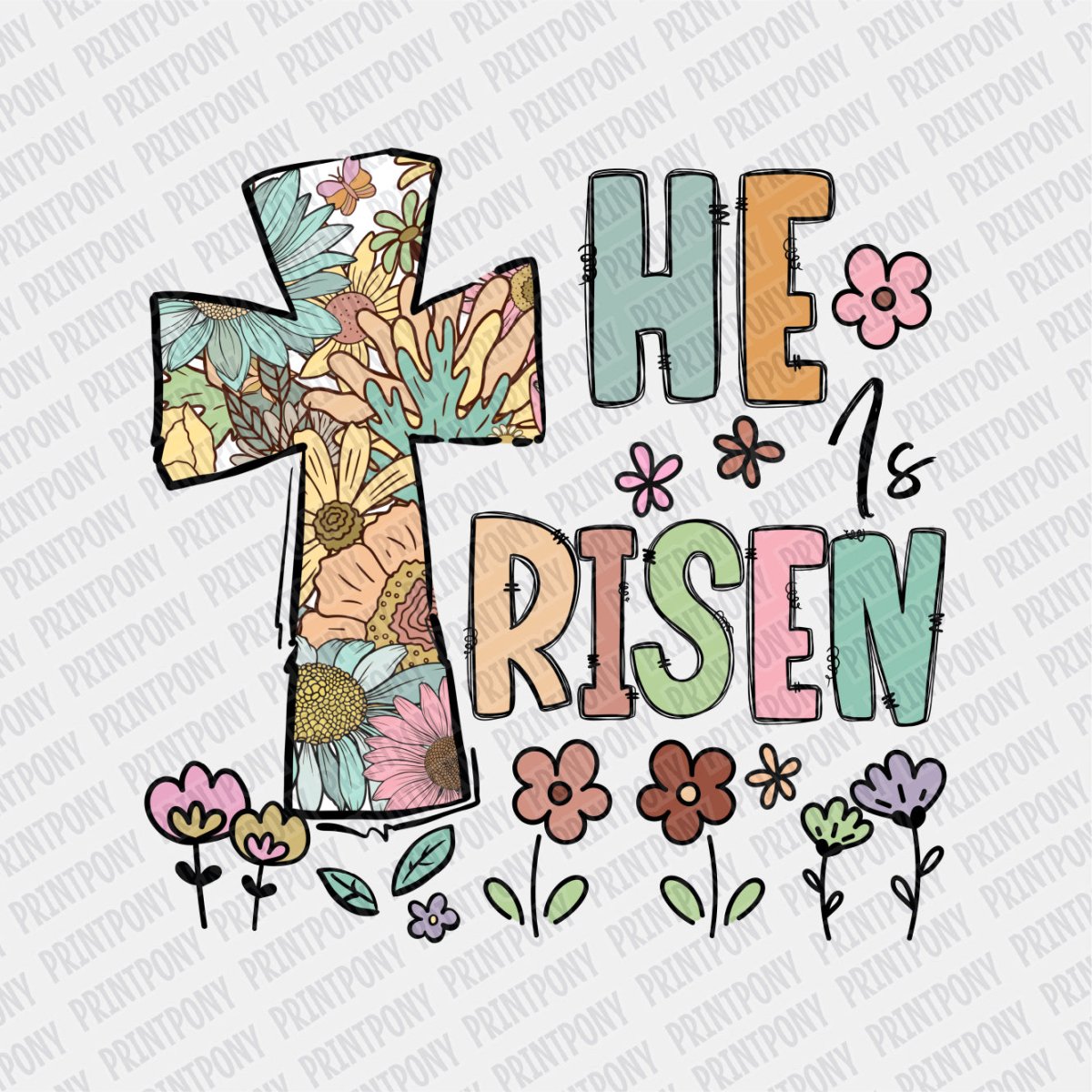 He is Risen Floral Cross DTF Transfer - Print Pony™