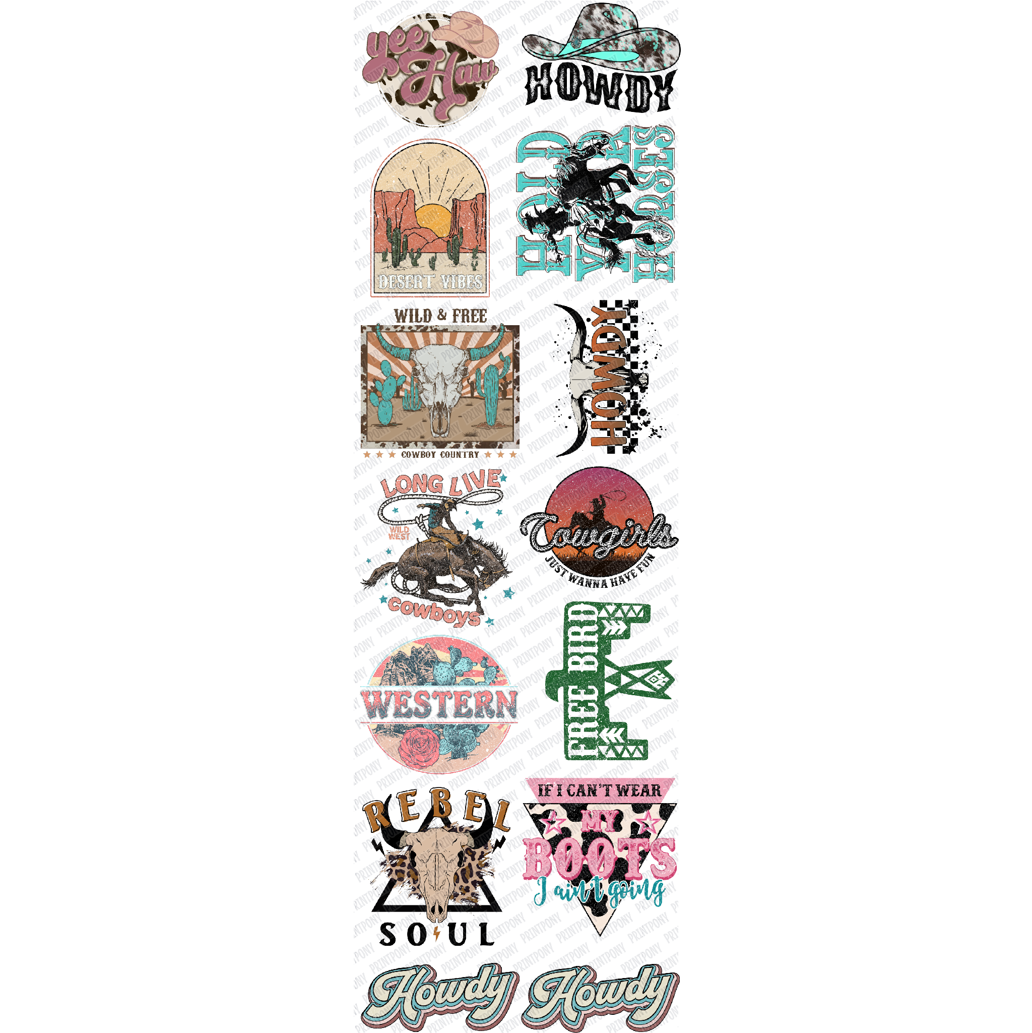 Western premade DTF gang sheet with cowgirls, cactus, horses, and rodeo-themed designs