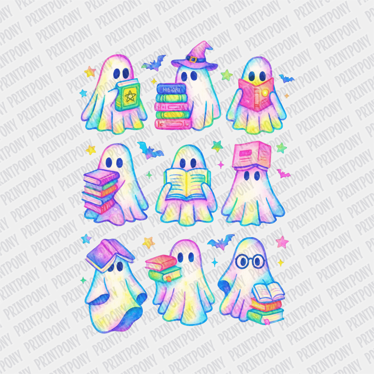 Iridescent Ghosts with Books Halloween DTF Transfer - PrintPony