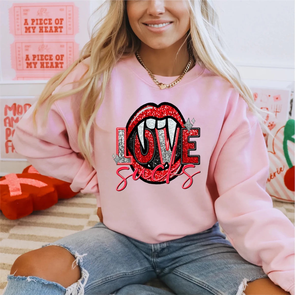 Love Sucks Faux Glitter and Embroidered Valentine DTF Transfer - PrintPony