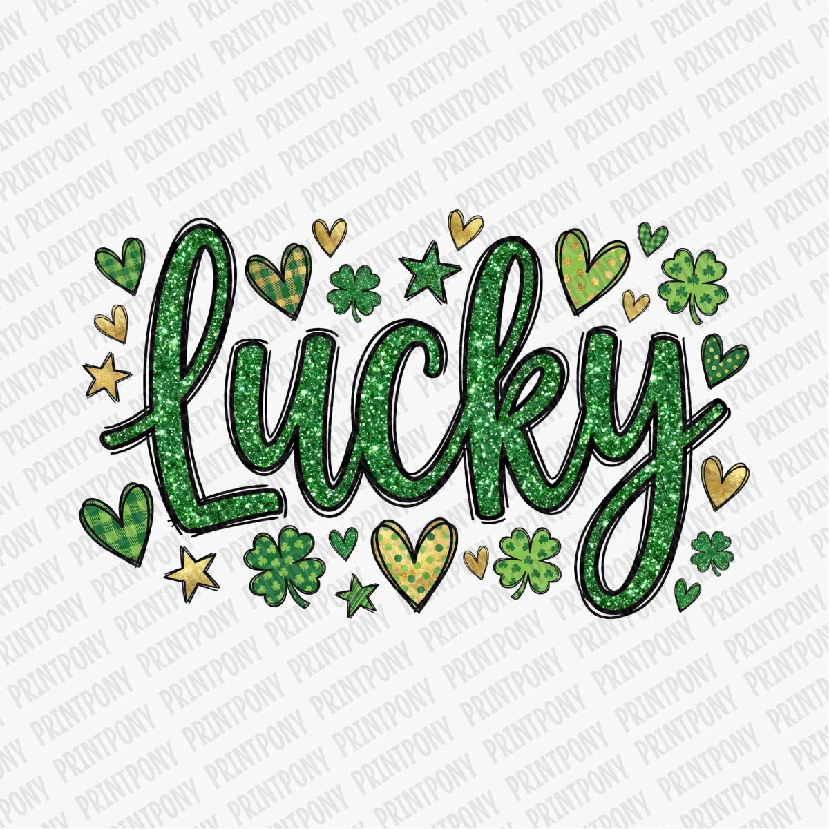 Lucky Hearts, Stars, and Shamrocks Faux Glitter DTF Transfer - PrintPony