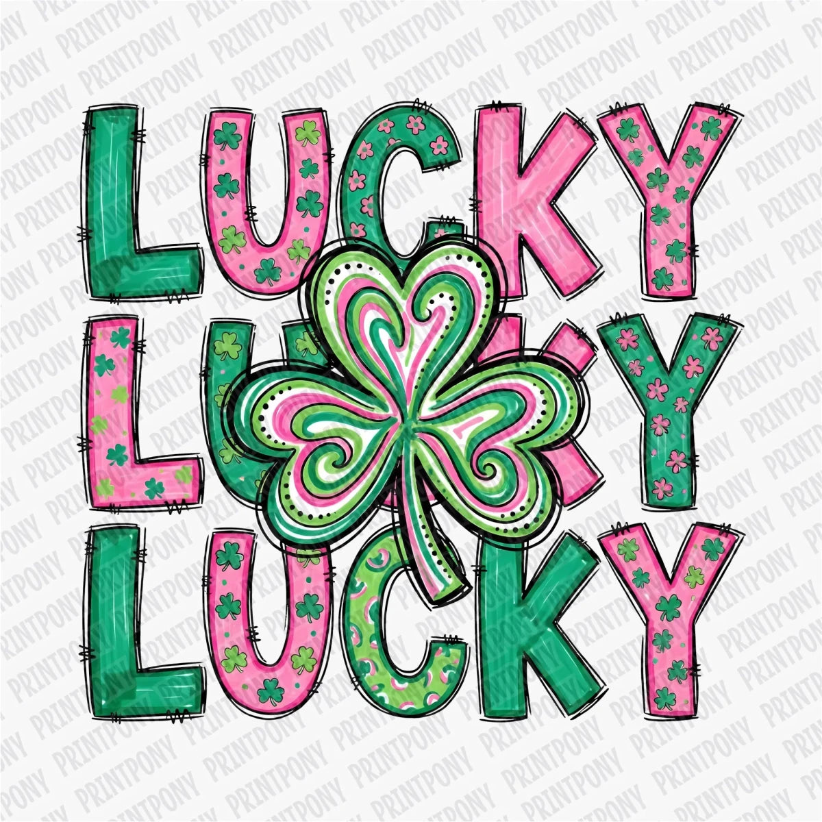 Lucky, Lucky, Lucky, Pink and Green DTF Transfer - PrintPony