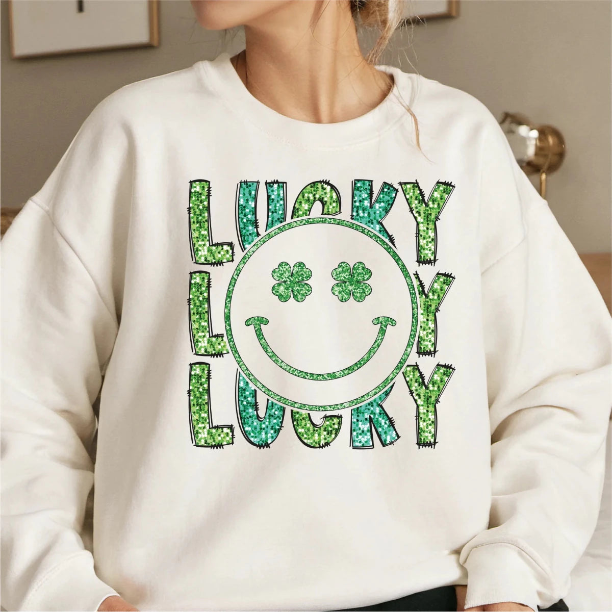 Lucky Smiley Face Faux Sequins St. Patrick's DTF Transfer - PrintPony