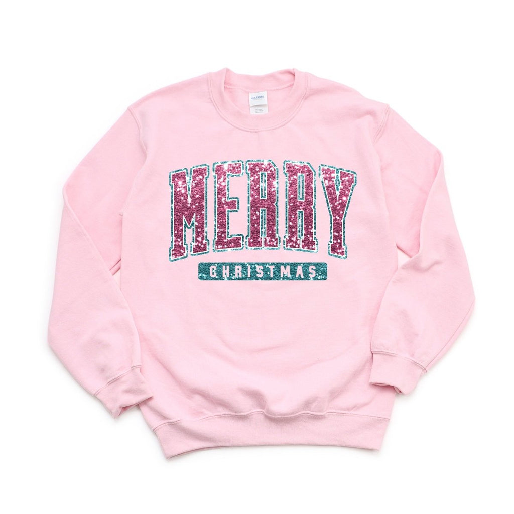 Merry Christmas Faux Sequins Teal and Pink DTF transfer - PrintPony¬Æ