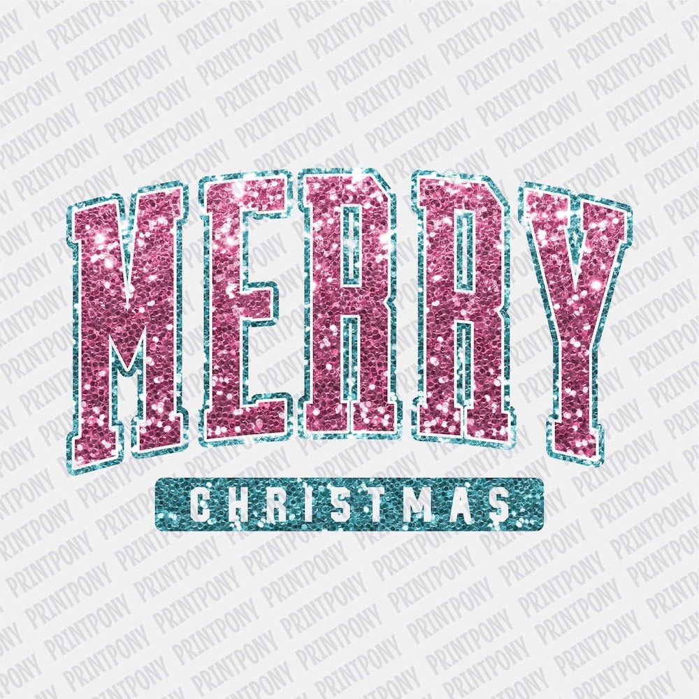 Merry Christmas Faux Sequins Teal and Pink DTF transfer - Print Pony‚Äö√ë¬¢