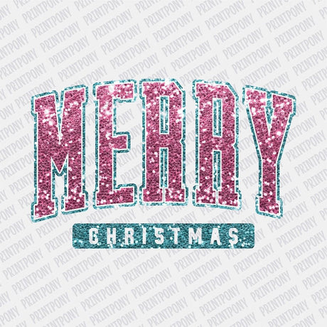 Merry Christmas Faux Sequins Teal and Pink DTF transfer - Print Pony‚Ñ¢