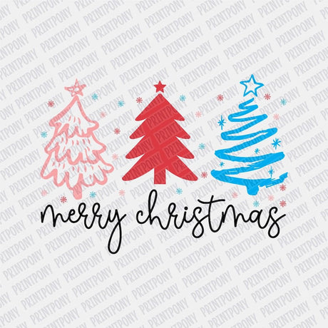 Merry Christmas pink, red, and blue Christmas Trees DTF transfer - Print Pony‚Ñ¢