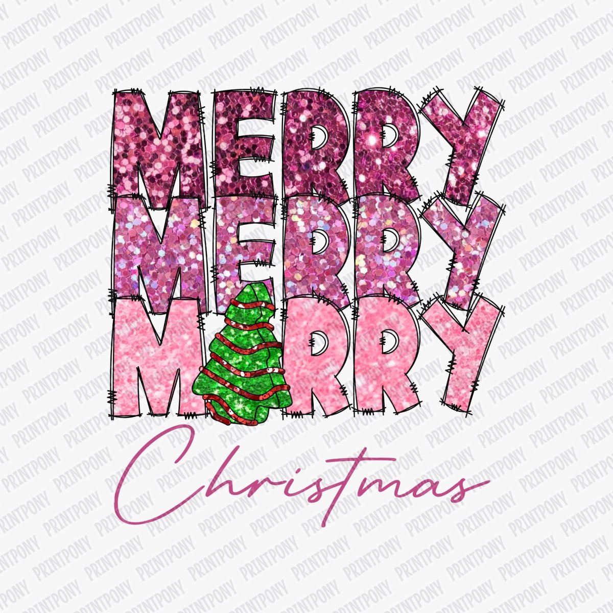 Merry, Merry, Merry Christmas Pink Faux Glitter DTF transfer - PrintPony
