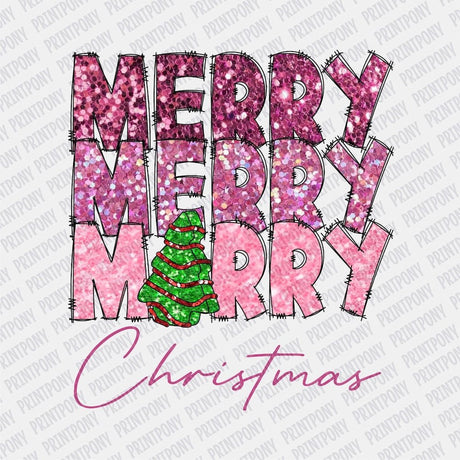 Merry, Merry, Merry Christmas Pink Faux Glitter DTF transfer - Print Pony‚Ñ¢