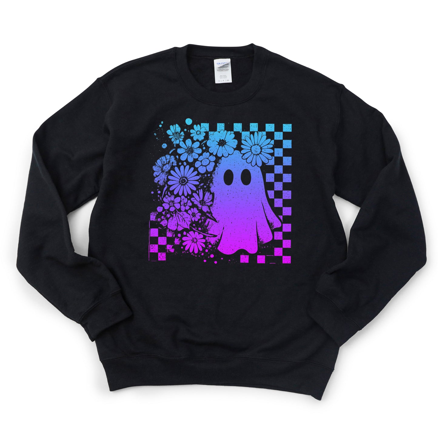 Floral Checkered Ombre Blue and Purple Neon Ghost Halloween DTF Transfer