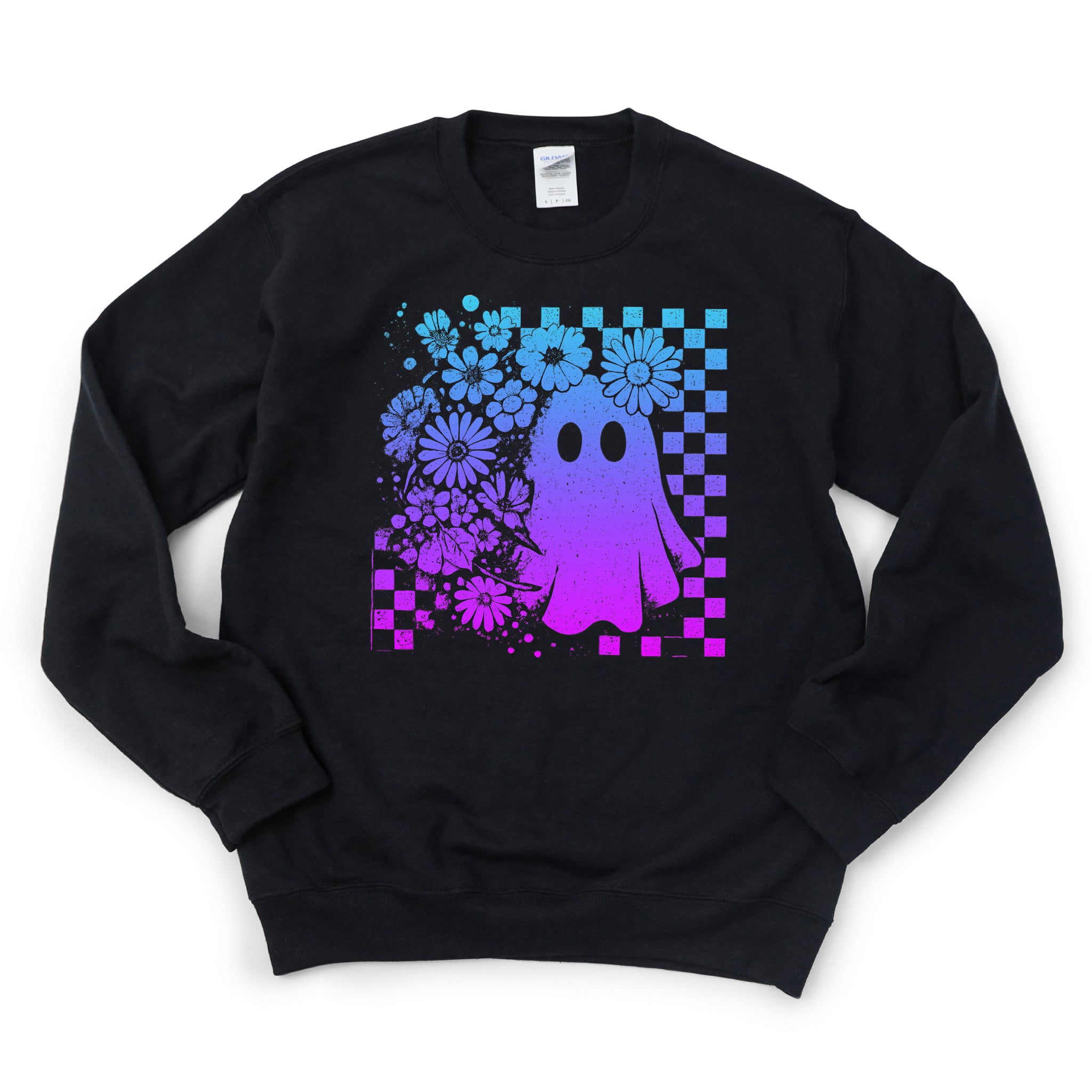 Floral Checkered Ombre Blue and Purple Neon Ghost Halloween DTF Transfer