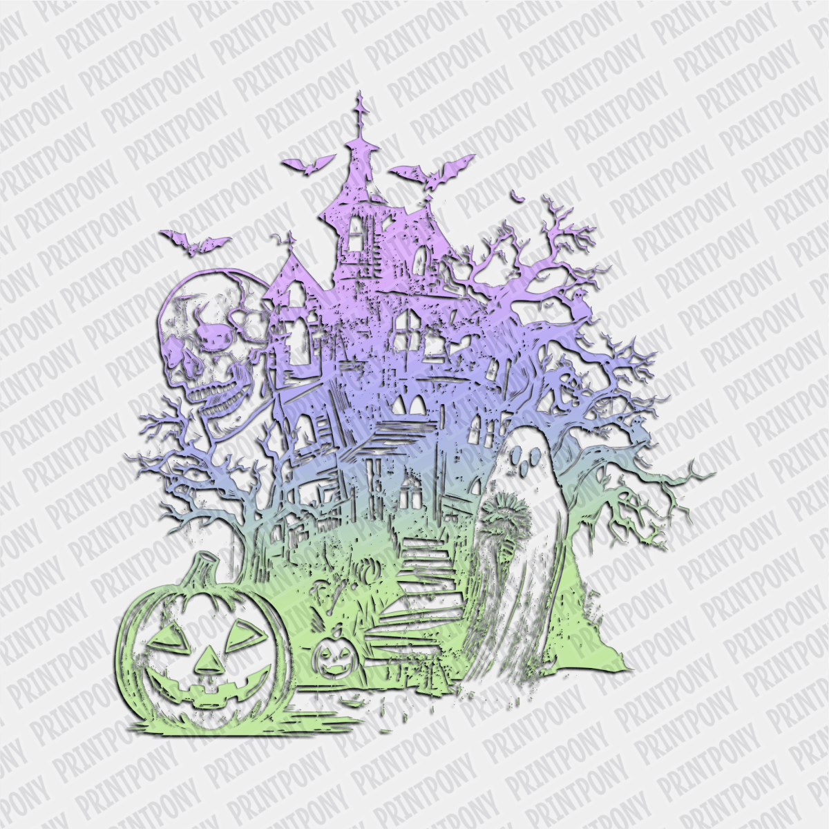 Neon Haunted House and Ghosts DTF Transfer - PrintPony