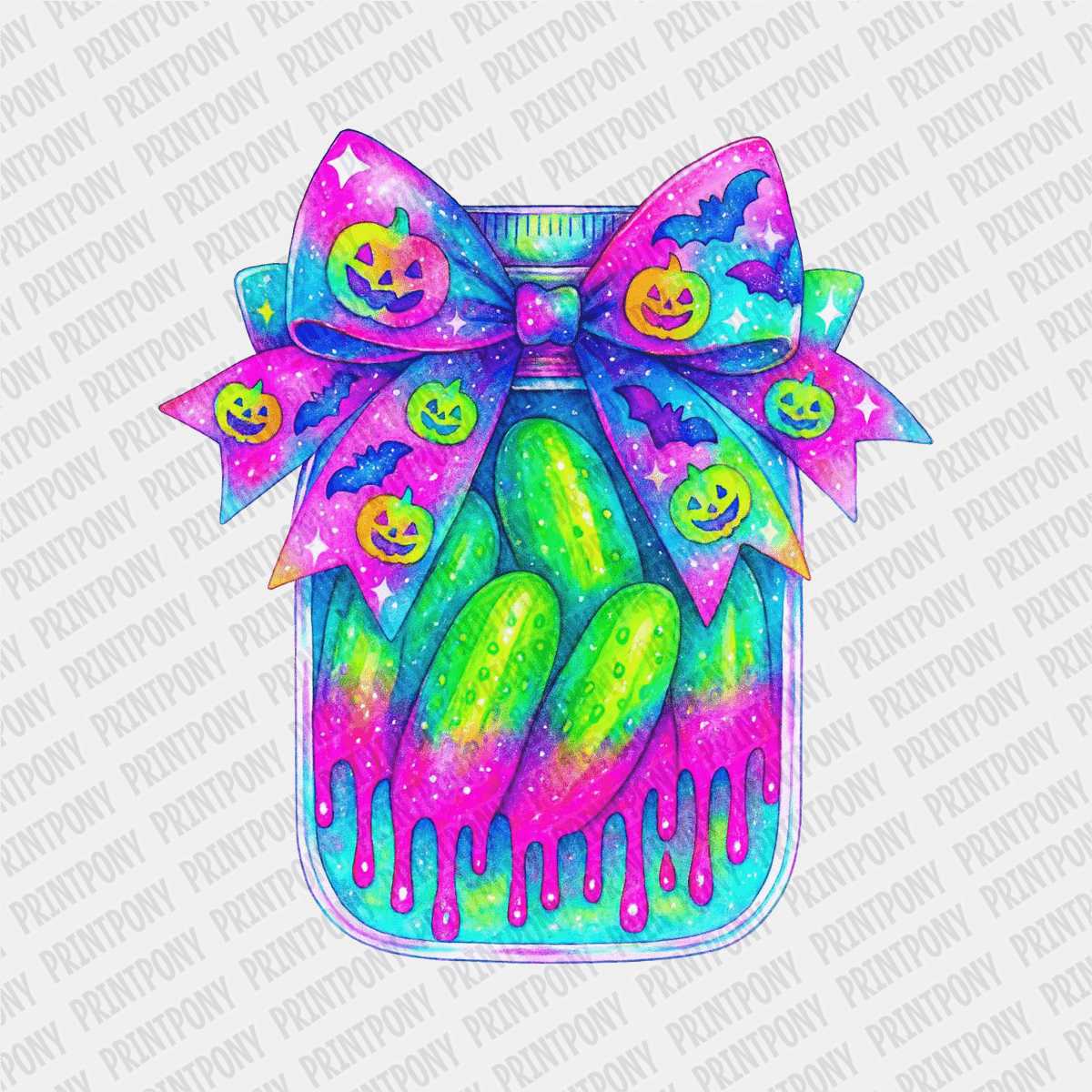 Neon Pickle Jar with Pumpkins and Ribbon Halloween DTF Transfer - PrintPony™