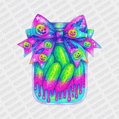 Neon Pickle Jar with Pumpkins and Ribbon Halloween DTF Transfer - PrintPony™