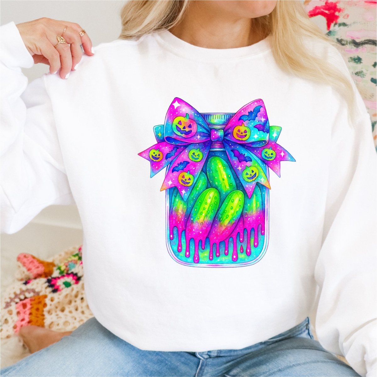 Neon Pickle Jar with Pumpkins and Ribbon Halloween DTF Transfer - PrintPony