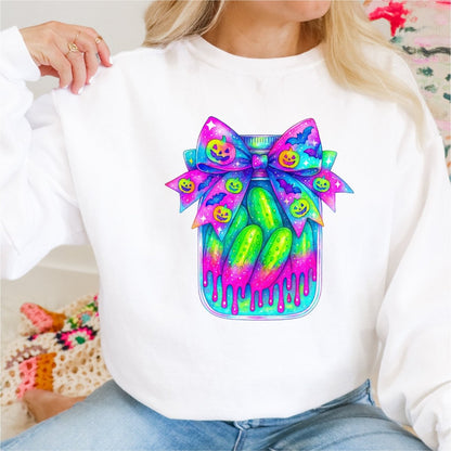 Neon Pickle Jar with Pumpkins and Ribbon Halloween DTF Transfer - PrintPony™