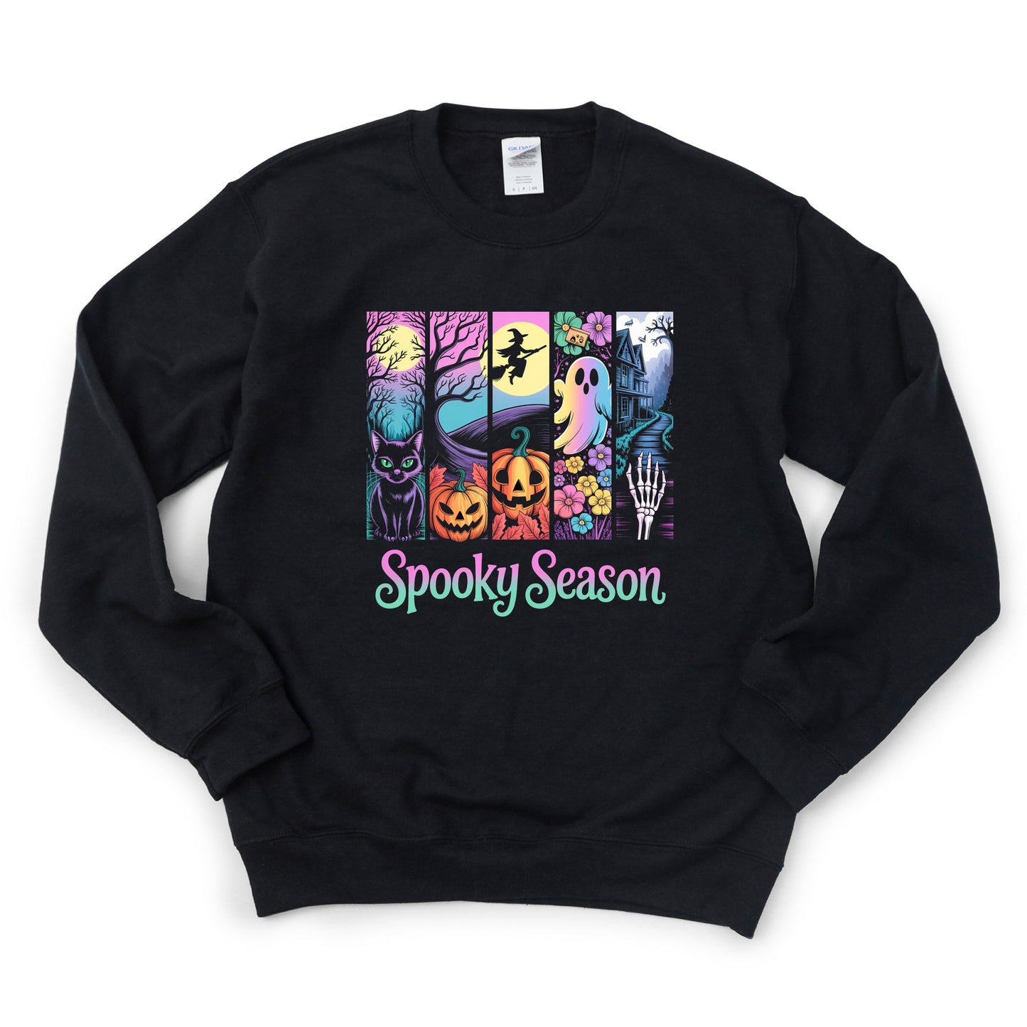Black sweatshirt with Halloween-themed design and 'Spooky Season' text on a white background