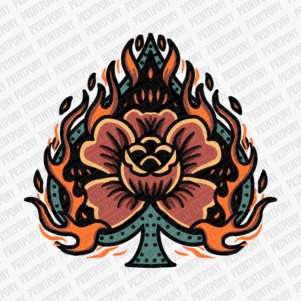 Old School Flaming Rose – Tattoo Flash DTF Transfer - PrintPony®