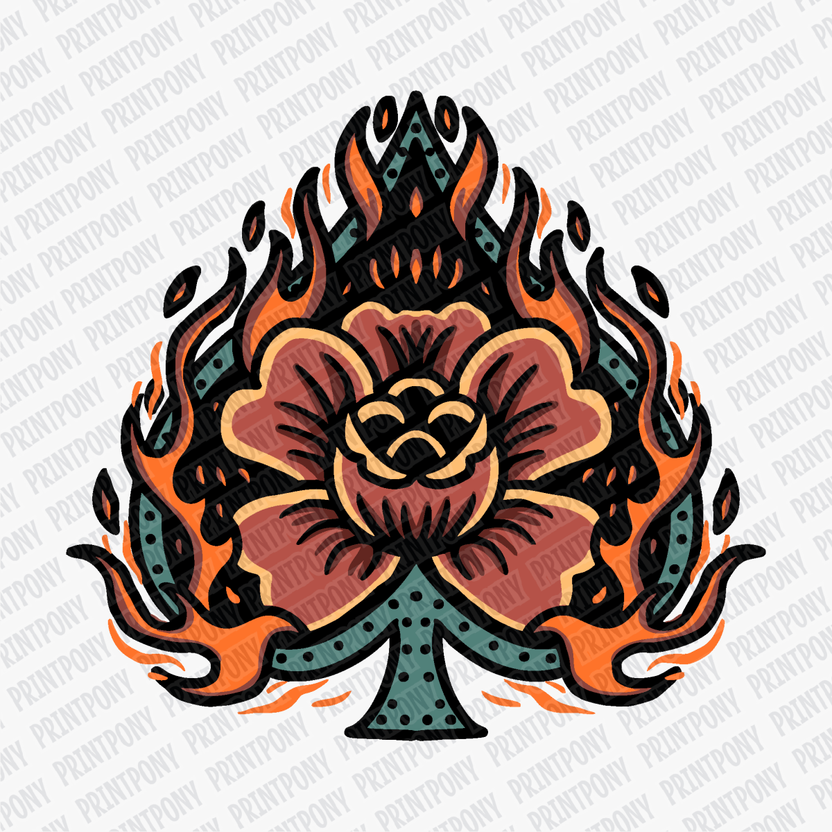 Old School Flaming Rose – Tattoo Flash DTF Transfer - PrintPony®