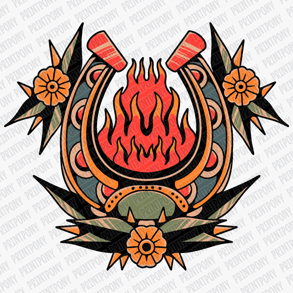 Old School Horseshoe Flower – Tattoo Flash DTF Transfer - PrintPony®