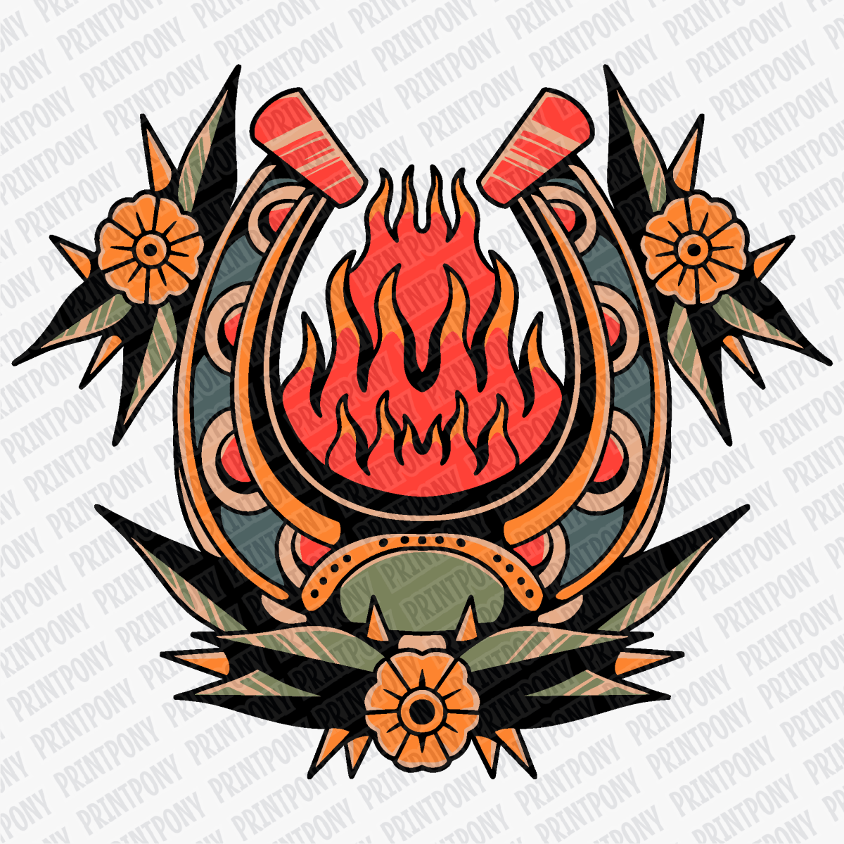 Old School Horseshoe Flower – Tattoo Flash DTF Transfer - PrintPony®
