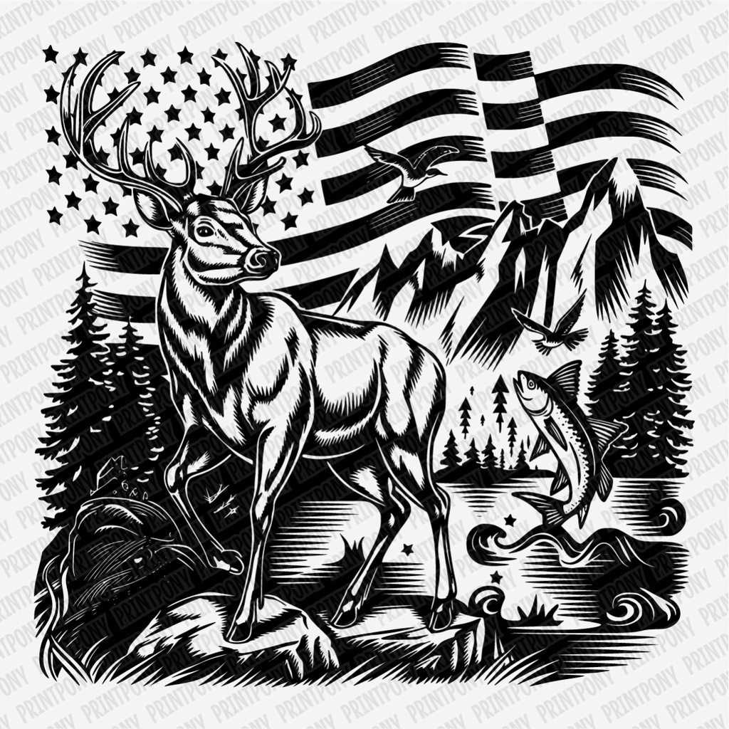 Patriotic Buck - American Flag (Black) DTF Transfer - PrintPony
