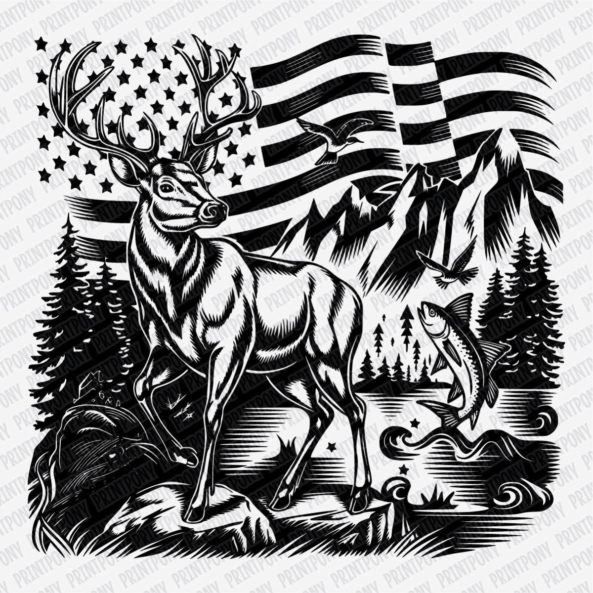 Patriotic Buck - American Flag (Black) DTF Transfer - PrintPony