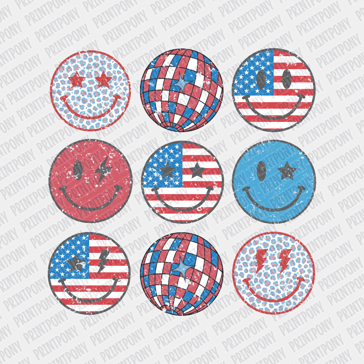 Patriotic Smiley Faces - DTF transfer - PrintPony