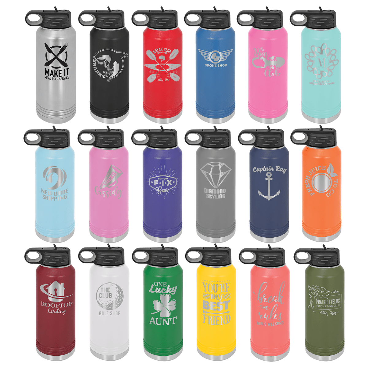 Personalized Custom Engraved Powder Coated Water Bottles 32 oz. - PrintPony