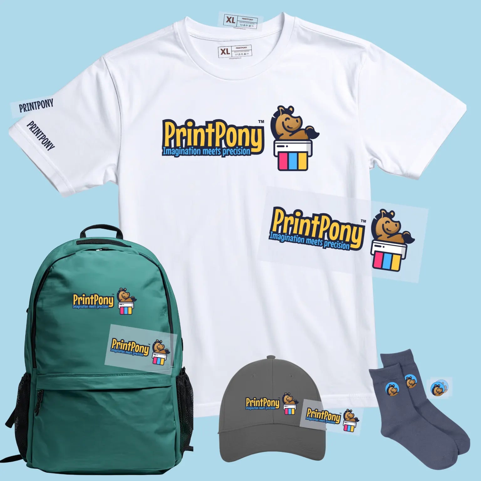 DTF Transfers on t-shirt, book-bags, socks, and cap by PrintPony.