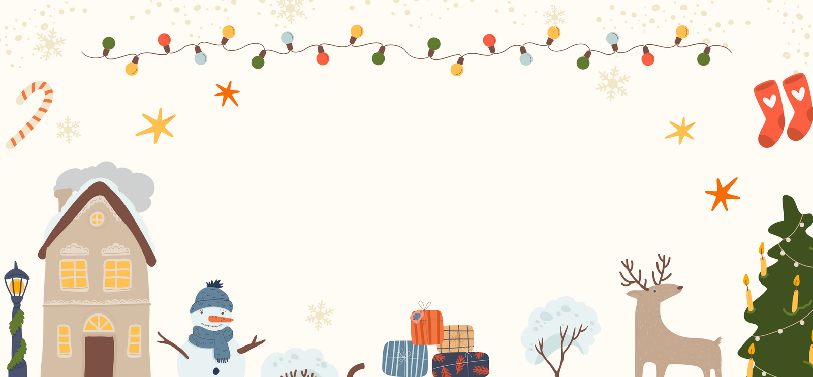  Image shows a cute Christmas themed background with a snowman, deer, and Christmas Lights.
