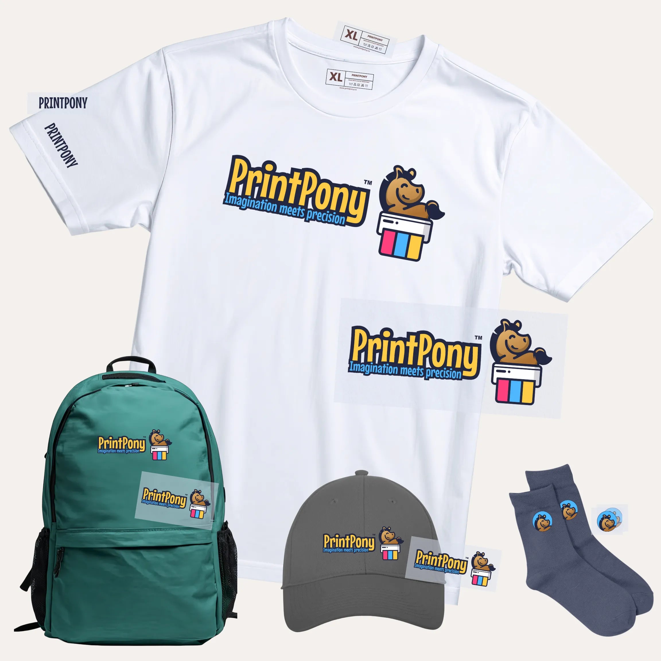 White t-shirt with PrintPony logo, green backpack, gray cap, blue socks, and a small round item on a light beige background.