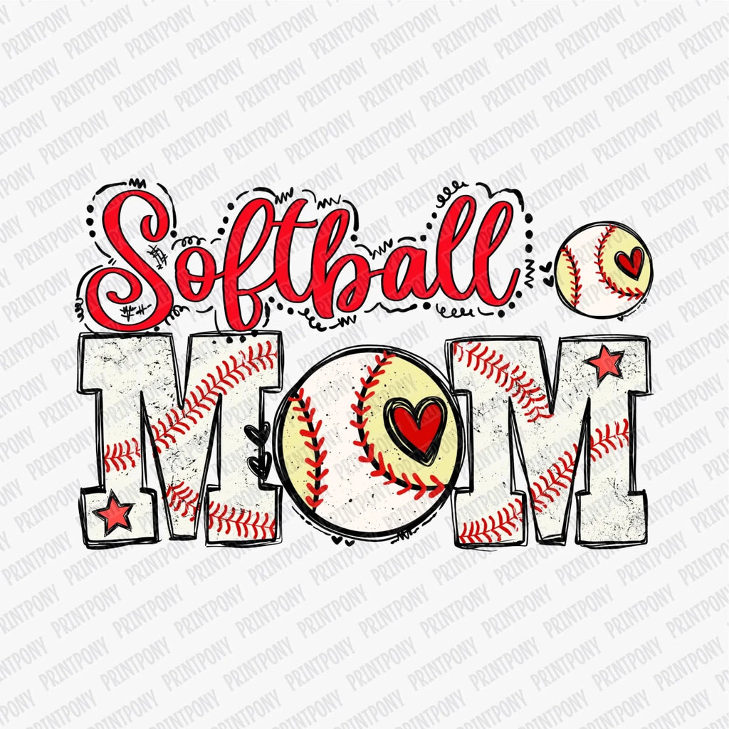 Red and Yellow Softball Mom DTF Transfer - PrintPony