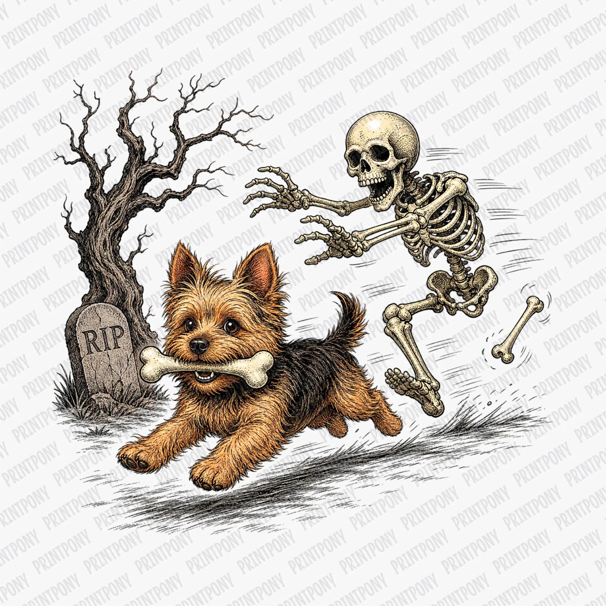 Skeleton Chasing Dog with Bone - DTF Transfer - PrintPony