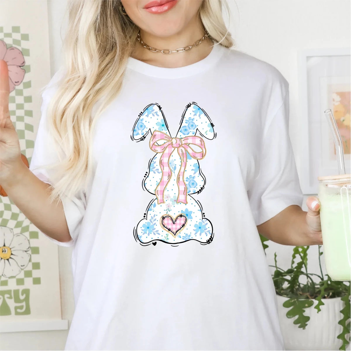 Spring Blue and Pink Floral Bunny DTF Transfer - PrintPony