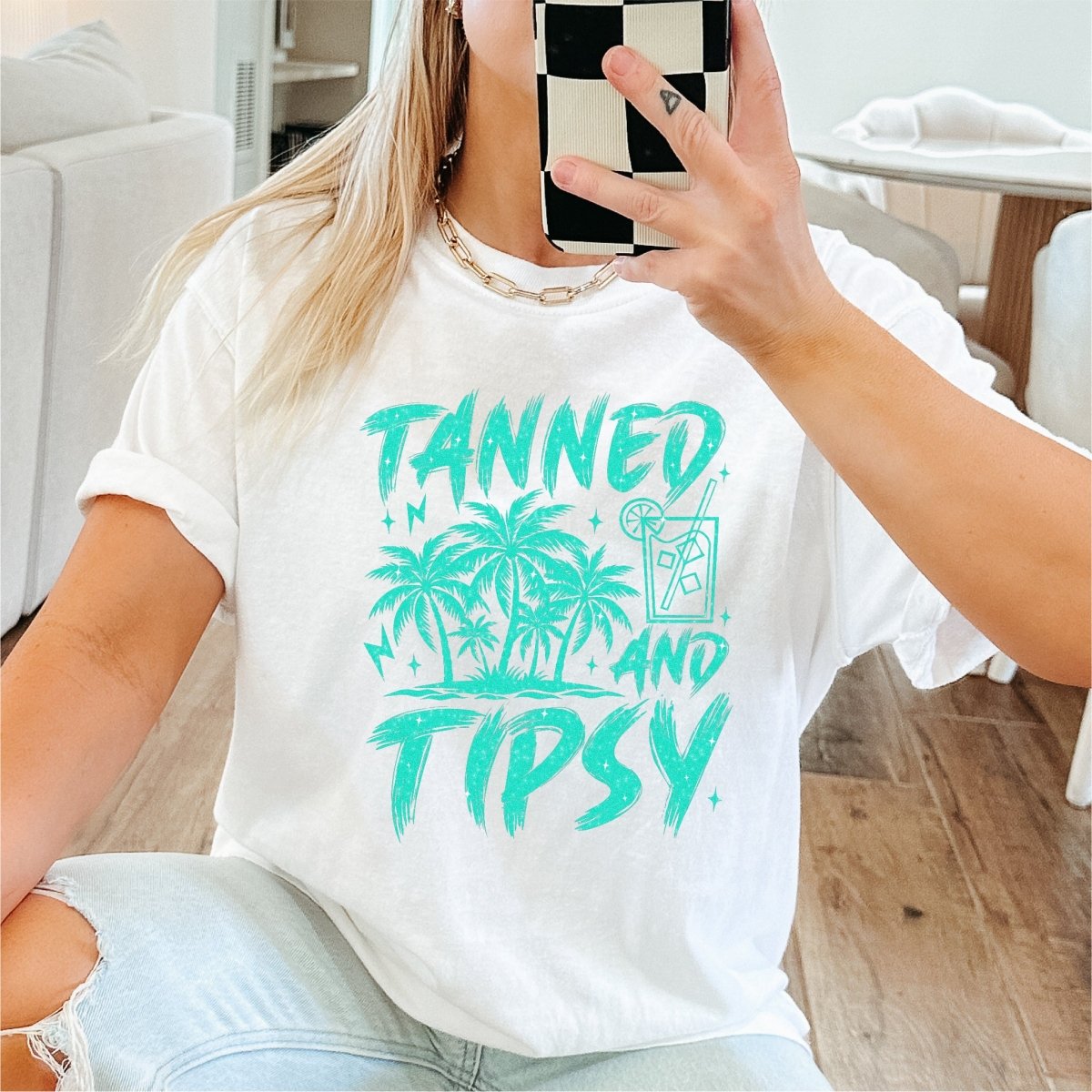 Tanned and Tipsy Teal Faux Glitter DTF transfer - PrintPony