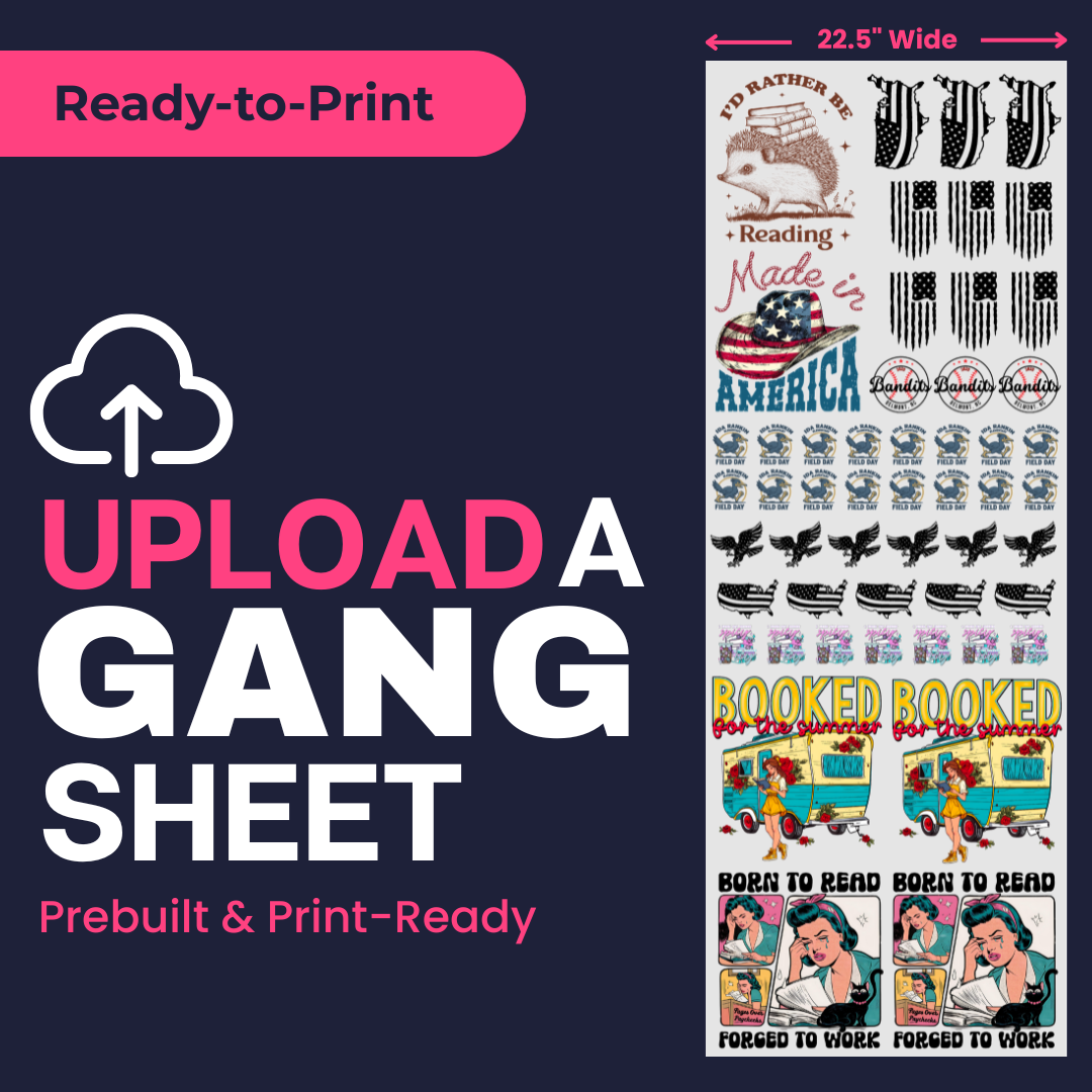 Sheet of prebuilt graphics with text 'Upload a Gang Sheet' on a dark blue background