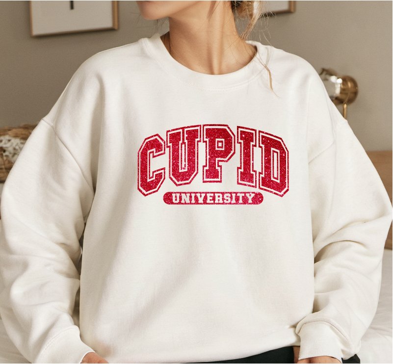 Cupid University Faux Glitter - Ready to Press DTF Transfer with sleeve - Print Pony